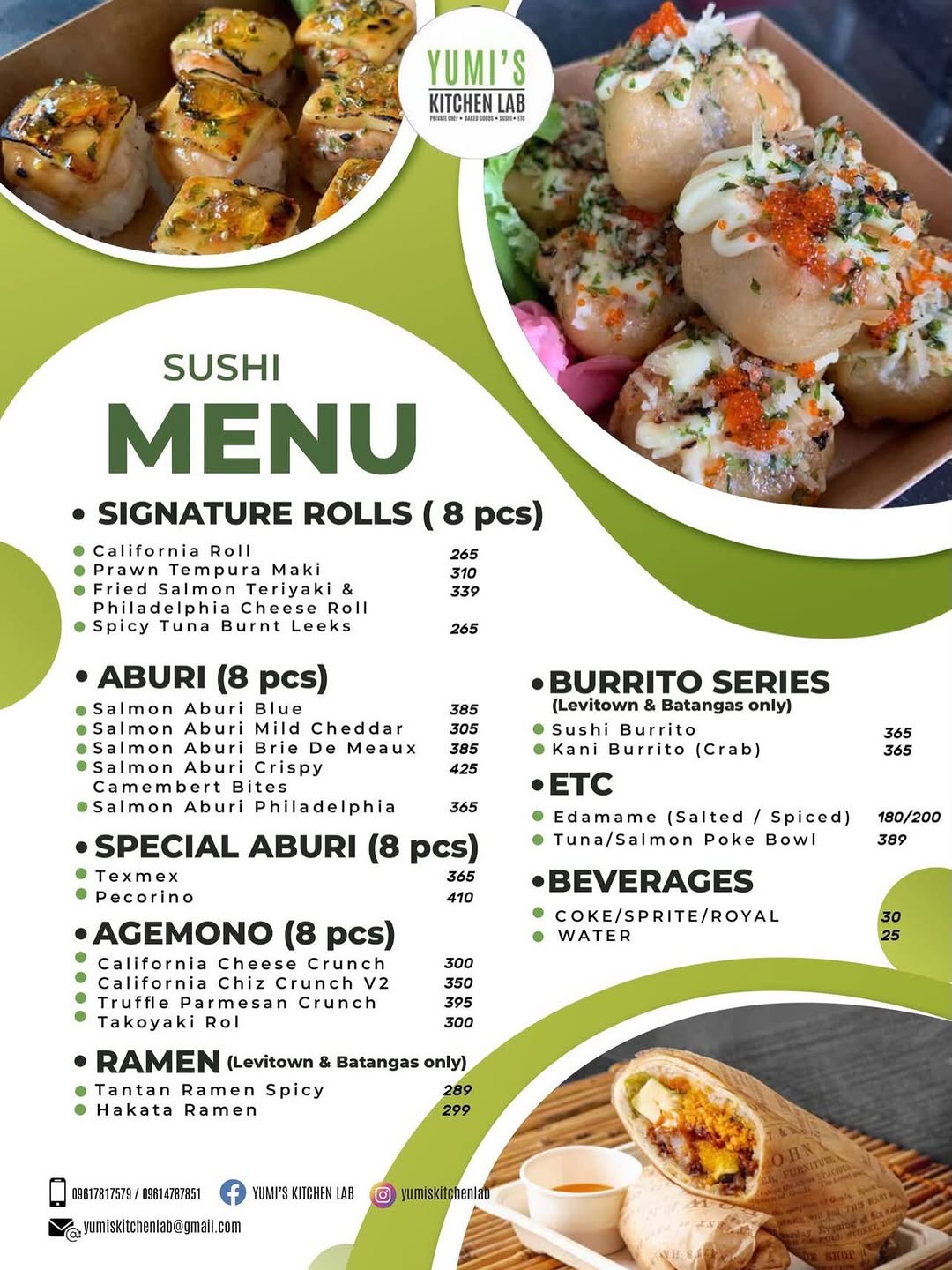 Sushi menu at Yumi's Kitchen Lab